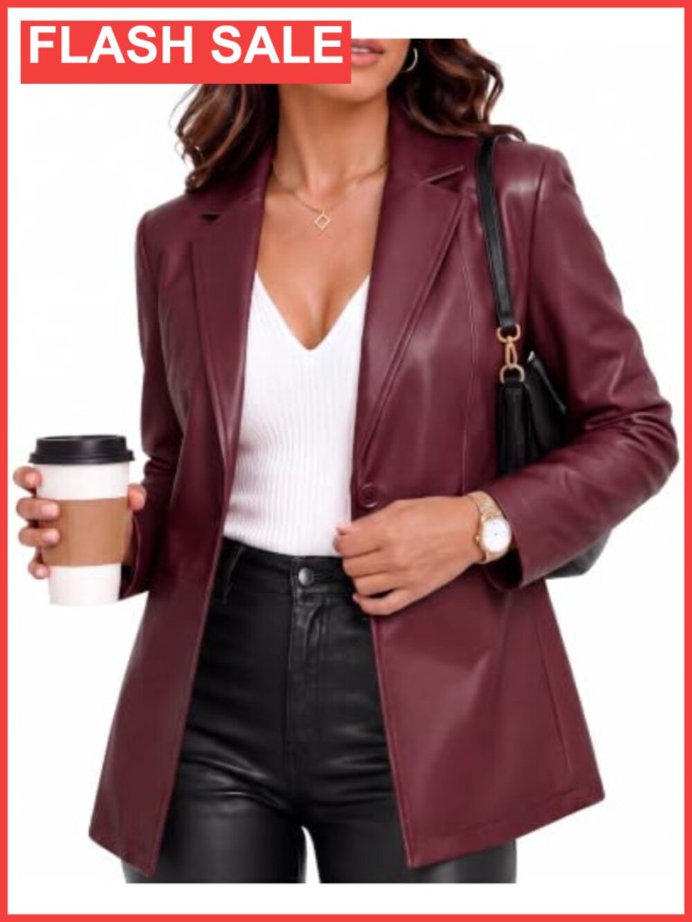 Faux Leather Blazer Jacket Lightly Fitted Button Long Sleeve Women Business